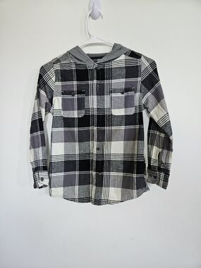 OshKosh B'gosh Boys Black Grey Plaid Hooded Flannel Shirt Size 10